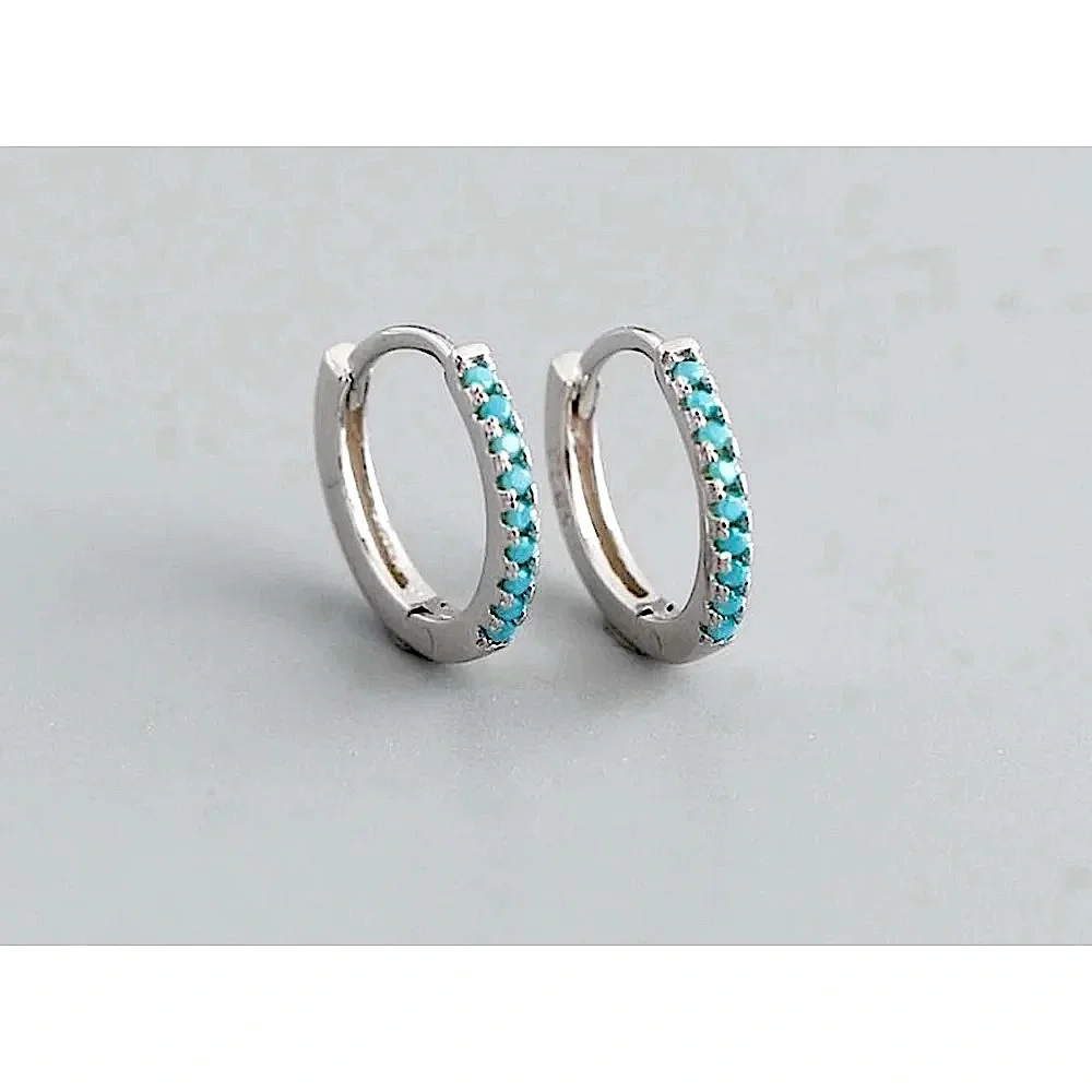 NEW Unisex Men’s Turquoise White Gold Plated S925 Silver Hoop Earrings, 9mm